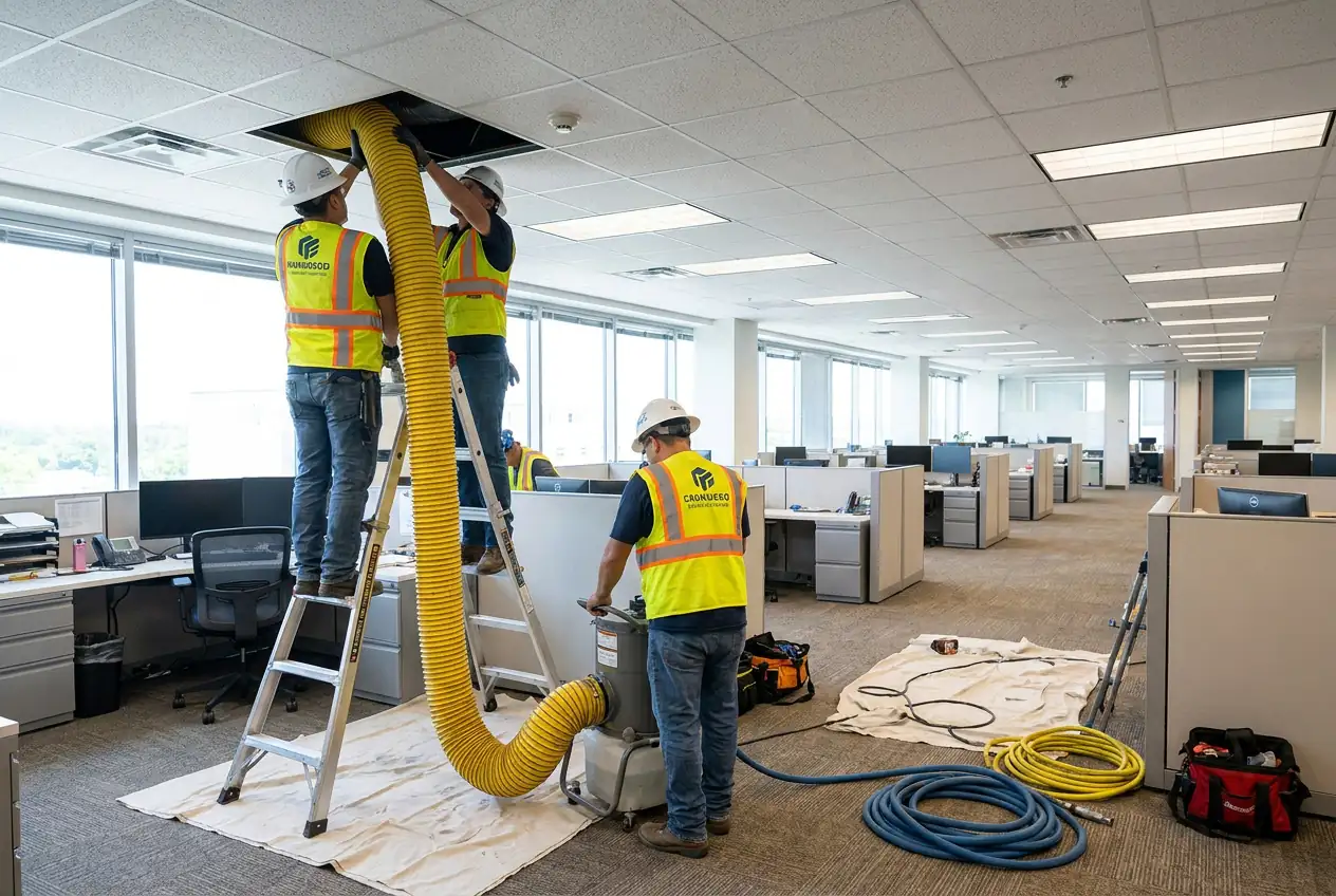 Technician cleaning a commercial air duct under containment